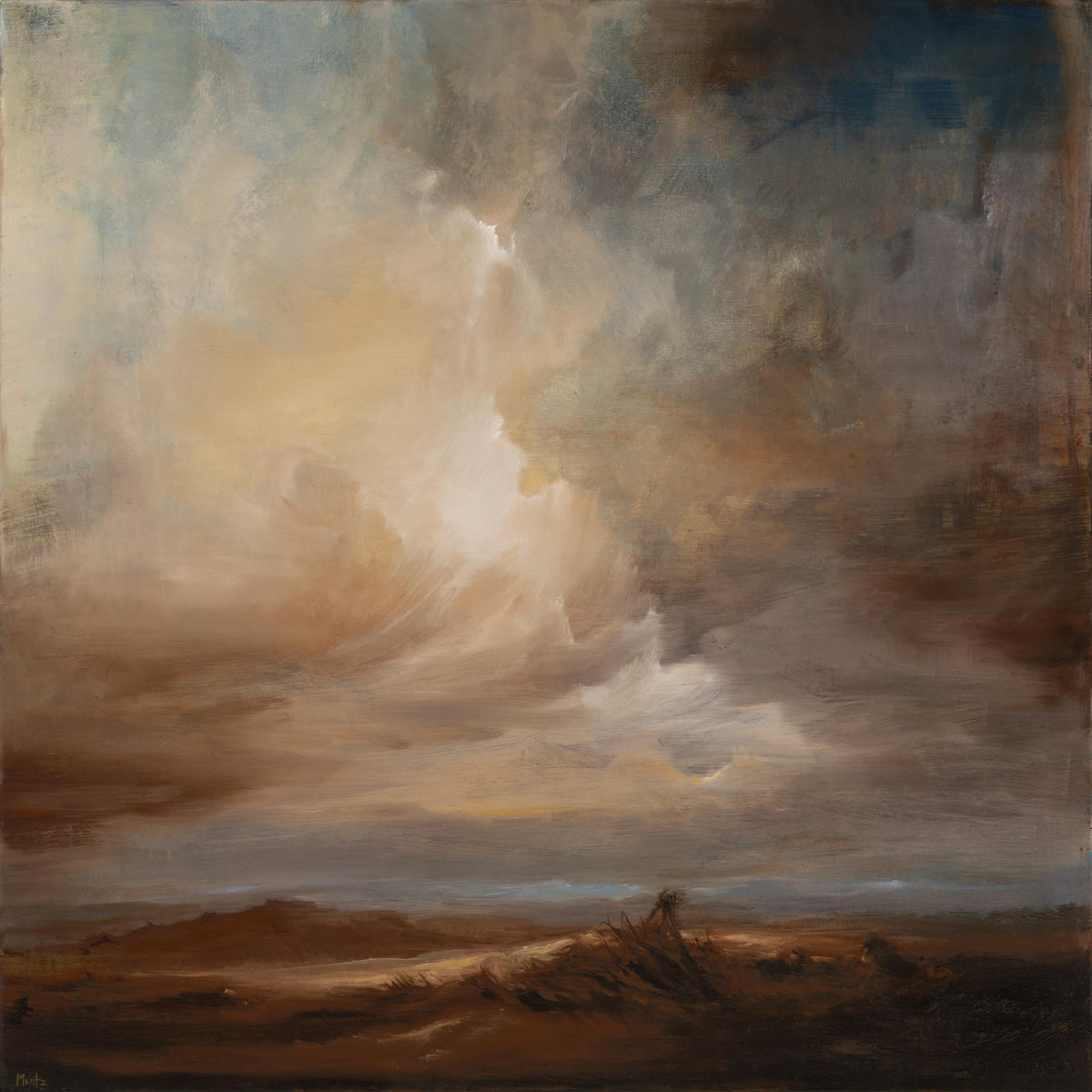 Jennifer Muntz, Amber Dawn painting of a dramatic landscape showing a stormy sky with a bright light breaking through heavy clouds above a dark, low-lying terrain.
