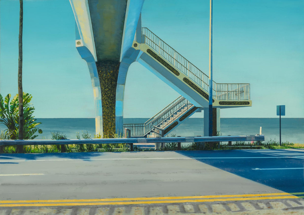Jen Orpin, Sea View, oil painting of a concrete footbridge and stairway by the sea under a clear blue sky